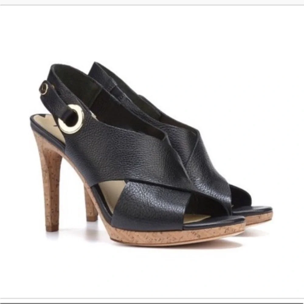 Via Spiga Black Leather Open Toe Cork Heel Onitta Sandals Women’s Size 6.5 - Picture 1 of 10